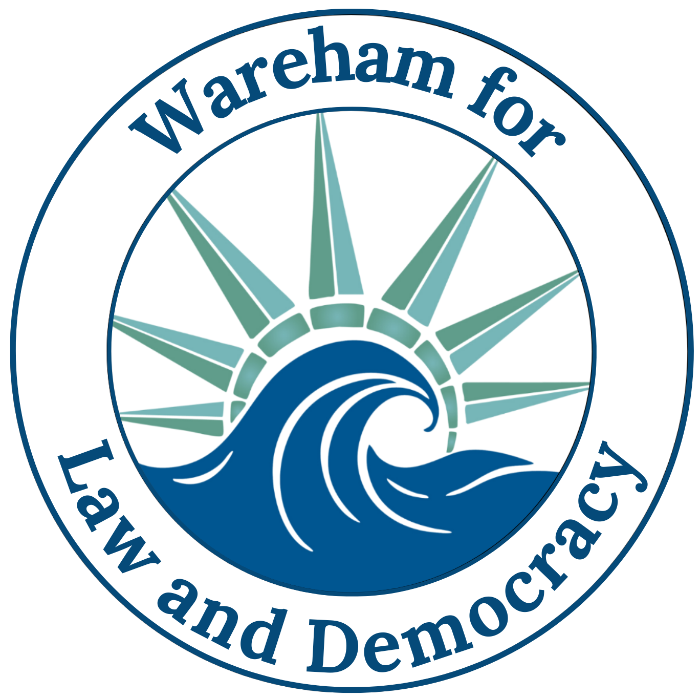 Wareham for Law and Democracy Logo of a wave and the crown of the statue of liberty